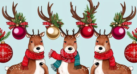 Fototapeta premium A whimsical reindeer design with illustrated reindeer wearing scarves and antlers adorned with Christmas ornaments