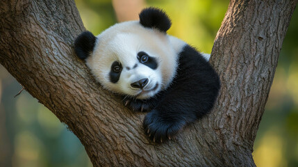 Fototapeta premium A panda cub climbs a tree.
