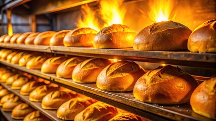 Golden Artisan Bread Baking, Industrial Oven, High Depth of Field