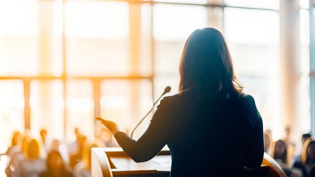 "Woman Giving Conference Speech": Rear view of a woman delivering a speech with a blurred audience backdrop.
