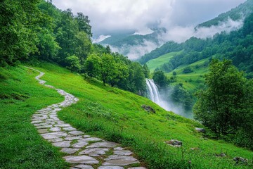 A serene pathway leads through lush greenery with a majestic waterfall cascading in the background, enveloped by soft mist.