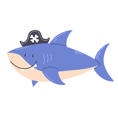 Obraz premium Cute pirate shark character isolated on a white background. Vector illustration.