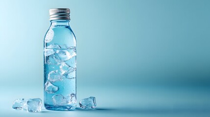 Naklejka premium Minimalist product shot of glass bottle with ice cubes and clear&nbsp;water against light blue backdrop, featuring aluminum screw cap and transparent liquid composition.