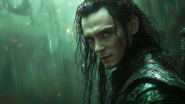 Loki holding a glowing dagger, sneaking through the halls of Valhalla under the cover of darkness