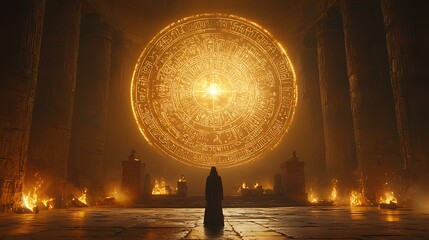A Greek oracle in a temple surrounded by glowing symbols and ancient inscriptions