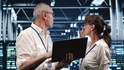 IT developers in data center using laptop to monitor energy efficient mainframes. Server rows using renewable sources employed to minimize consumption and reduce overall facility carbon footprint