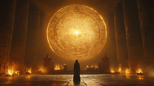 A Greek oracle in a temple surrounded by glowing symbols and ancient inscriptions