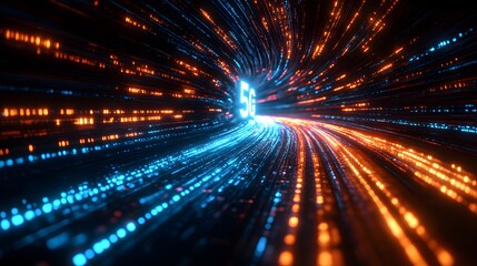 Obraz premium Futuristic neon 5G text floating in cyberspace&nbsp;with blue and orange light trails, depicting&nbsp;high-speed data streams and network connectivity in dark&nbsp;setting.