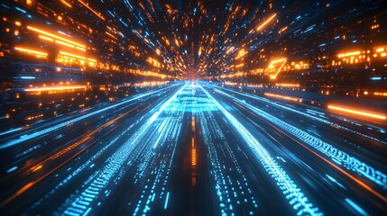 Fototapeta premium Futuristic neon 5G text floating in cyberspace&nbsp;with blue and orange light trails, depicting&nbsp;high-speed data streams and network connectivity in dark&nbsp;setting.
