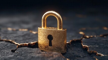 Golden lock over a cracked stock market graph, representing financial stability and asset protection during downturns,