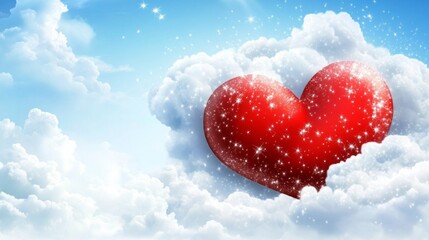 Fototapeta premium A red heart is floating in the sky, surrounded by clouds