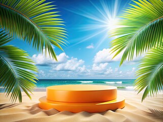 Obraz premium Orange Beach Podium Summer Product Presentation - AI Photo