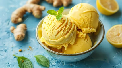 Turmeric ginger ice cream with a spicy hint on blue background