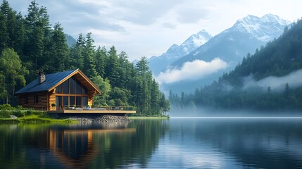 Fototapeta premium Panoramic view&nbsp;of luxurious wooden cabin with deck&nbsp;overlooking lake, surrounded by evergreen forest and misty&nbsp;mountains in serene morning atmosphere.