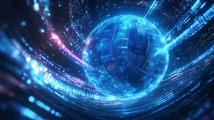Obraz premium Abstract blue glowing background with a digital sphere and waves, a technology concept.