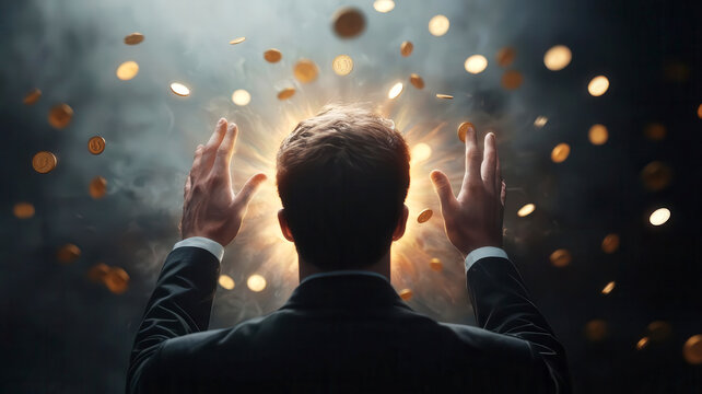 Digital storm with swirling numbers and falling coins, businessman holding up a protective holographic screen, finance security,