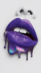 Closeup of colorful dripping effect on purple lips. Futuristic makeup featuring purple lips and liquid rainbow details on a white background.