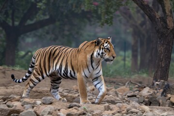 Obraz premium A majestic tiger in a forest, representing wildness and the animal kingdom.