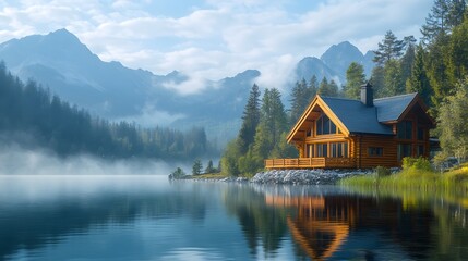 Fototapeta premium Panoramic view&nbsp;of luxurious wooden cabin with deck&nbsp;overlooking lake, surrounded by evergreen forest and misty&nbsp;mountains in serene morning atmosphere.