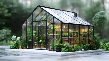 Architectural model of modern glass greenhouse with indoor plants, featuring transparent panels, black frame structure, and white base in isometric style.