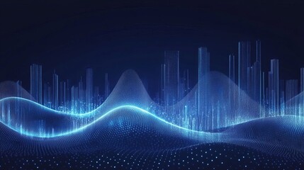 Naklejka premium Enterprise PPT background with 3D rendered blue curves against a city background, blue background, blue technology.