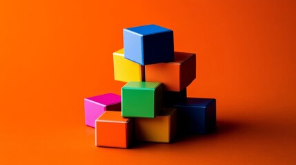 Naklejka premium Vivid Colorful Puzzle Cubes on Orange Background with Side Lighting, High Contrast Stack Concept