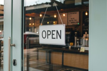 A sign with the word 'Open' on the door of a coffee shop.