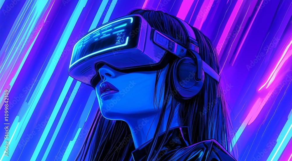 Poster girl in hi-tech vr glasses with elements of artificial intelligence. background in a high-tech style