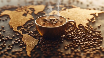 Detailed information about the global coffee consumption chart. On a world map, coffee beans flow to each continent based on consumption levels. Includes charts of floating coffee cups and steaming da