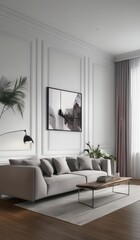 living room with a couch, coffee table and a plant, elegant and refined painting, archviz, smooth panelling