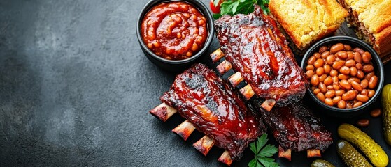 Top view of bbq ribs cornbread and baked beans classic diner food photography culinary art