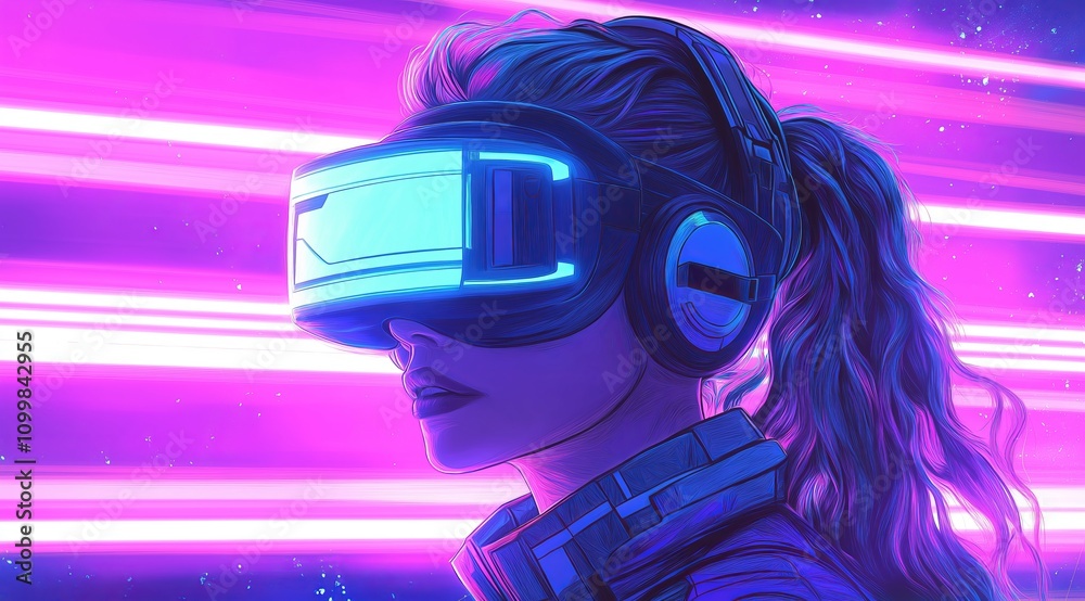 Poster girl in hi-tech vr glasses with elements of artificial intelligence. background in a high-tech style