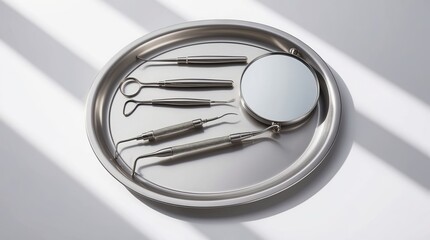 Dental tools arranged on stainless steel tray under natural light,