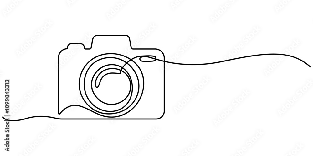 Poster Digital camera continuous one line drawing. Isolated on white background vector illustration, Retro camera one line continuous. Line art camera. Hand drawn vector art, Digital camera single continuous