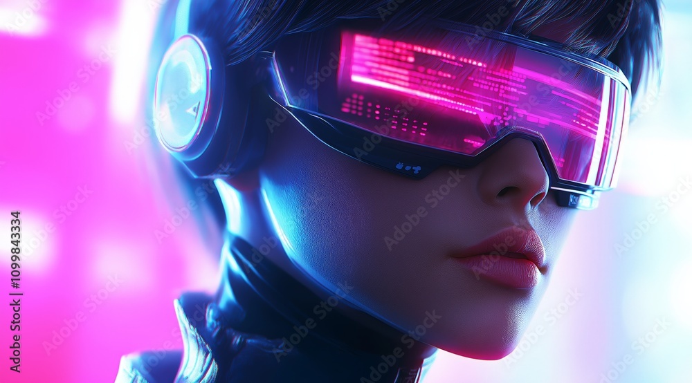 Poster girl in hi-tech vr glasses with elements of artificial intelligence. background in a high-tech style