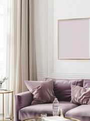 Fototapeta premium A plush purple velvet sofa with throw pillows. a glass coffee table with books. and a framed abstract painting in a modern living room