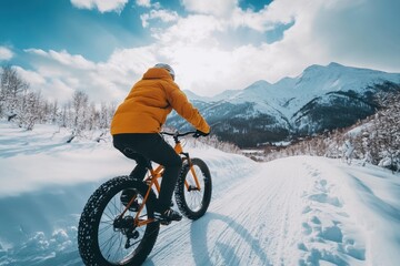 Fototapeta premium Person on fatbike rides snowy mountain trail. Perfect for winter sports, adventure, and travel themes.