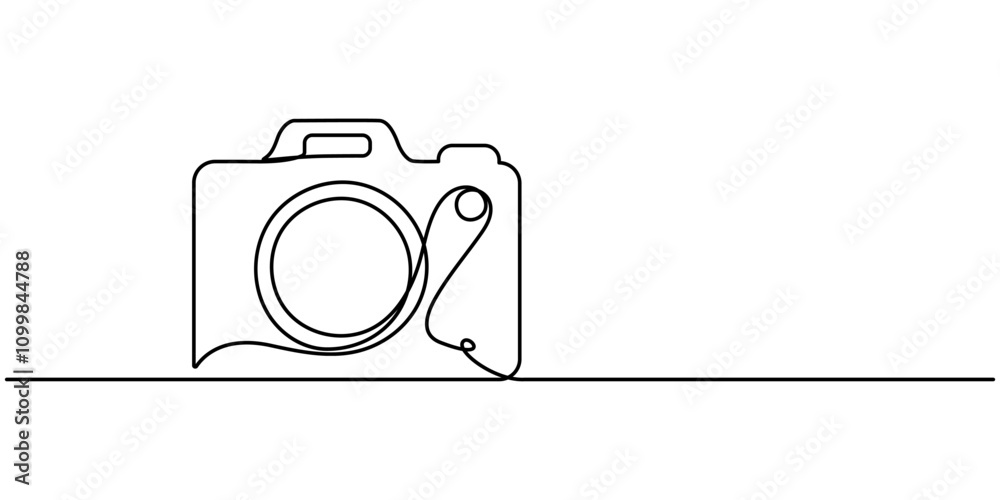Poster Digital camera continuous one line drawing. Isolated on white background vector illustration, Retro camera one line continuous. Line art camera. Hand drawn vector art, Digital camera single continuous