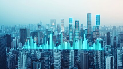 Obraz premium A futuristic city skyline with digital soundwaves overlay, blending urban architecture with technology and innovation.