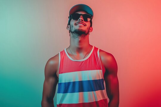 A man wearing a red and blue striped tank top is smiling and posing for a photo