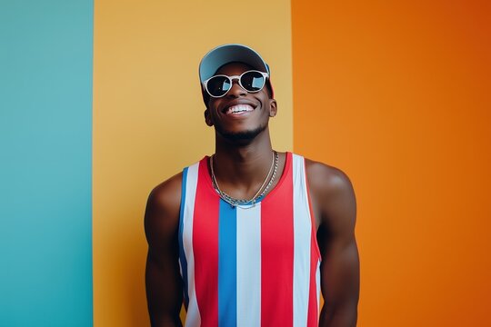 A man wearing a red and blue striped tank top is smiling and wearing sunglasses