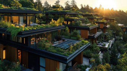 Obraz premium Eco-friendly residential complex with green roofs, solar panels, and wooden facades