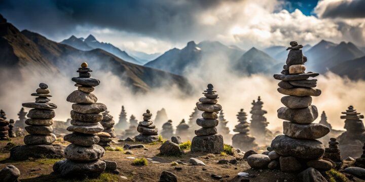 Mystical Silhouette of Apachetas in Misty Landscape Near Arequipa, Peru - Captivating Spiritual Stone Stacks Amidst Enchanting Fog and Scenic Nature