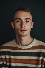 Obraz premium A man with brown hair and a beard is wearing a striped sweater