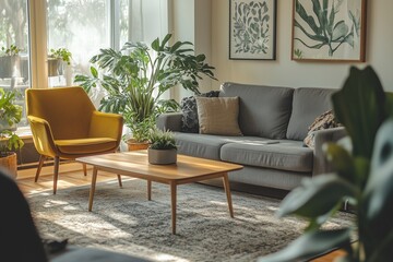 A living room with a yellow chair and a grey couch