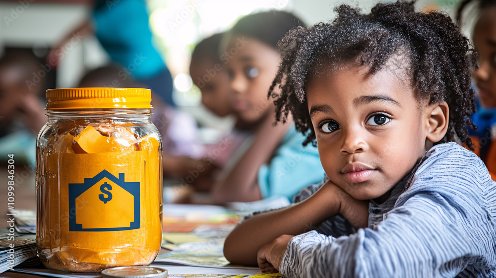 Poster parents teaching children about saving money using a jar labeled emergency fund stock photo with sid