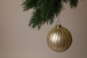A golden ball, shining with festive brilliance, hangs from the branch of a thick green Christmas...