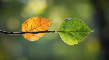 Obraz premium Grünes und gelbes Blatt auf einem Zweig