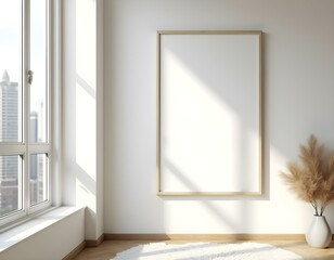 Fototapeta premium Big rectangle frame on wall in office, window with New York view on left. Concept of decoration. Mock up. 3D rendering