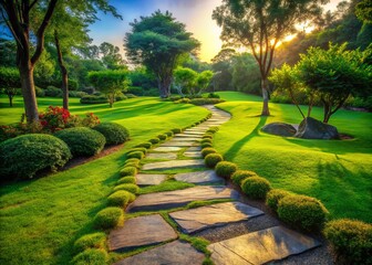 Obraz premium Serene Stone Walkway Surrounded by Lush Green Grass in a Peaceful Park Setting, Ideal for Nature Lovers and Outdoor Enthusiasts Seeking Tranquility and Scenic Beauty